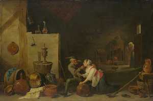 ein alter Bauer streichelt ein Küche Dienstmädchen in einem stall