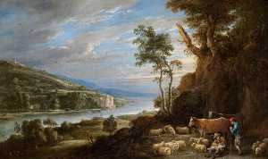 paesaggio con pastori e un vista in lontananza di un Castello