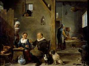 A Distillery with an elderly Man buying Gin from a Woman