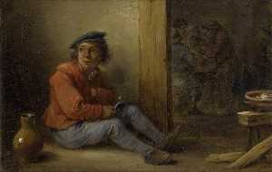 一个 年轻  农民  坐在  在  一个  内部