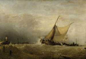 un mare Pezzo , con una Olandese pescare barca Arrivando nel , e gli uomini della guerra in lontananza