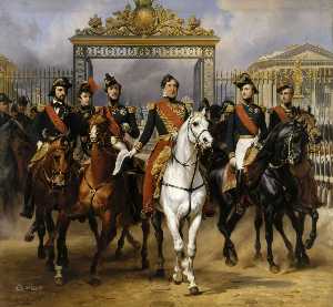 Louis Philippe et ses fils à cheval devant la grille du château de Versailles
