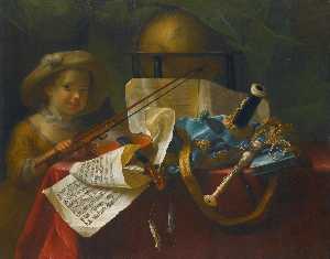 A still life of pipes, a globe, an engraved musical score of a French overture and a violin on a table draped with a red cloth, a young girl looking on