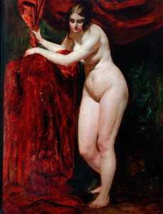 Nude Woman, Holding Red Drapery