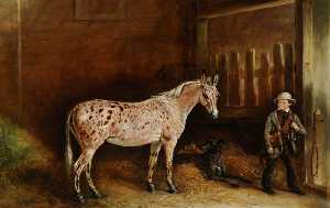 Un Fragola Roano Mulo e due Lurchers in una stalla , e un Stabile Ragazzo