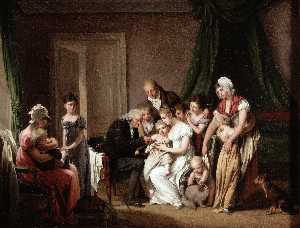 un hombre Vacunando un joven niño retenido por su Madre , con otro Miembros de el dueño de casa observando