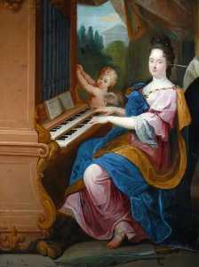 Signora de maintenon come santa cecilia e un Ragazzo ( forse la duc de maine ) come un Angelo Soffiando un Organo