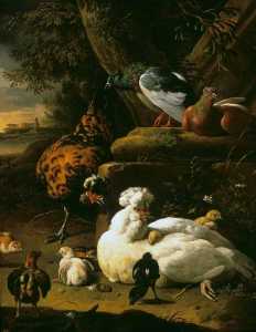 Un Gallina con i pulcini , a gallo e piccioni in un paesaggio