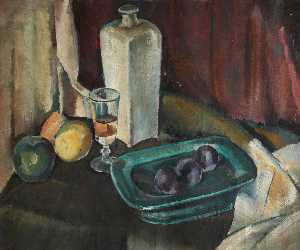 Still Life with Glass Bottle and Plums