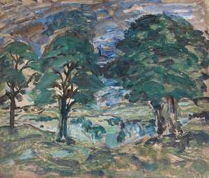 Summer Landscape with Three Large Trees