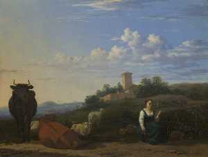 一个 女人 牛和羊  在  意大利 风景