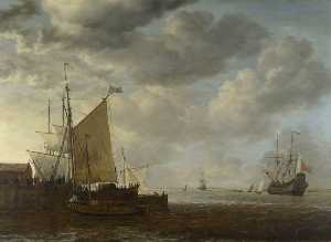 A View of an Estuary, with Dutch Vessels at a Jetty and a Dutch Man of War at Anchor