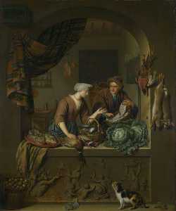 一个 女人和 一个 鱼儿 小贩  在 厨房