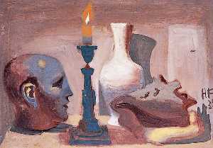 静物 一个 半身像 , 一个 蜡烛 , 一个花瓶  和 贝壳