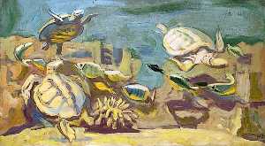 Study of Three Turtles Swimming with Fish