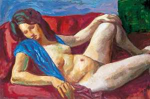 Studio di una reclinabili nudo femminile con una blu wrap