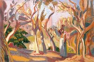 风景  与  一个女人 在  一个  橄榄  树林