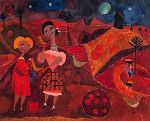 Two Girls with Birds in a Red Landscape