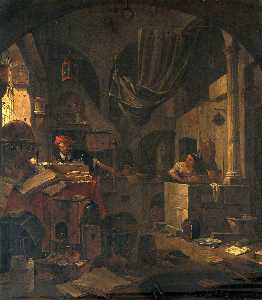 Interior con un alquimista Realización de una Gesto sorpresa de , y una asistente femenino
