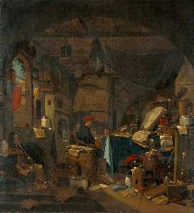 Interior con un alquimista sentados en una mesa , Que mira hacia fuera de los Cuadro
