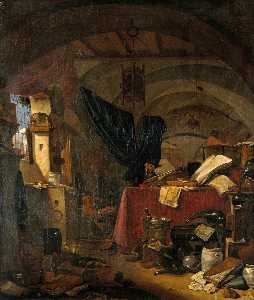 Interior con un alquimista Estudiando un Libro , su ayudante Torrencial Líquido en un Tazón