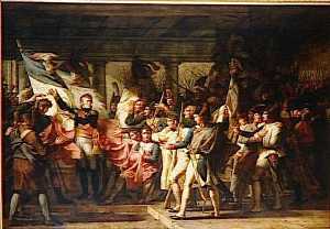 LE MARECHAL NEY REMET AUX SOLDATI DU 76E REGGIMENTO DE LIGNE LEURS DRAPEAUX RETROUVES DANS L'ARSENAL D'INSPRUCK . 7 NOVEMBRE 1805
