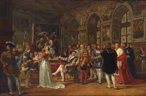 Francois Ier recevant dans la salle des Suisses à Fontainebleau la grande Sainte Famille de Raphaël