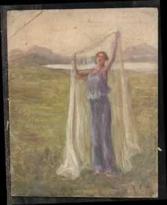 Femme au voile en robe bleue dans une prairie au bord d'un lac