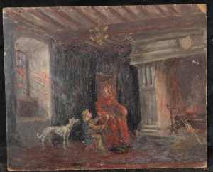 Femme, enfant et un chien près d'une cheminée