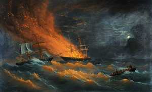 SS 'Amazon' on Fire in the Bay of Biscay