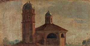 The Upper Section of a Church with a Hexagonal Dome and Two Towers