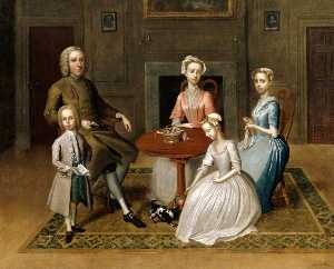 retrato de grupo ( posiblemente de el brewster Familia ) , en un interior doméstica