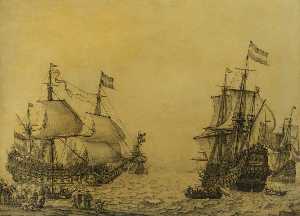el holandés Buque 'Oosterwijk' bajo la vela cerca de Orilla , en dos Posiciones