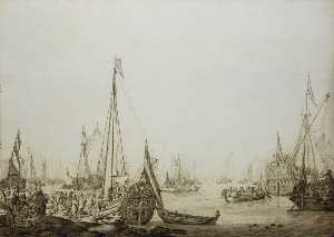 Голландский Bezan Яхта и много другие суда в Переполненный Гавань рядом Таверна