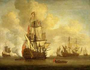 Calm An English Two Decker with Sails Loosed Firing a Salute