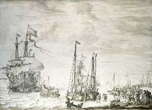 Голландский Флагманский корабль , Считается быть 'Eendracht' на якоре приближаться