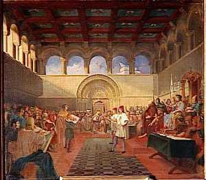 GODEFROY DE BOUILLON TIENT LES PREMIERES ASSISES DU ROYAUME DE JERUSALEM.JANVIER 1100