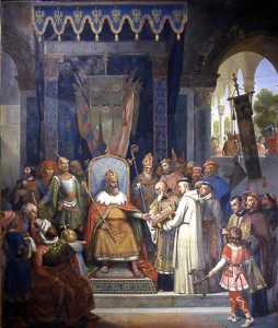 Charlemagne, entouré de ses principaux officiers, reçoit Alcuin qui lui présente des manuscrits, ouvrages de ses moines