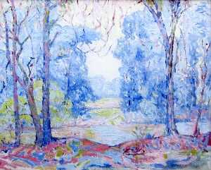(Pink and Blue Landscape with Trees and a River), (painting)
