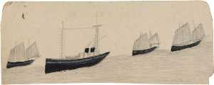 Two Funnel Steamboat amongst Three Sailing Boats