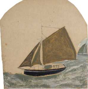 Two Ships with Brown Green Sails in Rising Sea