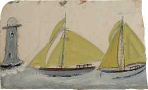 Two Boats with Yellow Sails and Lighthouse
