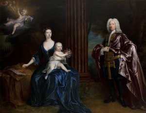 Señor nathaniel curzon ( 1676–1758 ) , 4th bt curzon , con su Esposa , María Assheton ( 1695–1776 ) , señora curzon , y ellos Yerno Nathaniel ( 1726–1804 ) , más tarde nathaniel curzon , 1st Barón Scarsdale , con su hijo muerto john curzon ( 1719–1720 ) ,