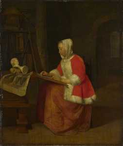  一个年轻的 女性 坐在  绘图