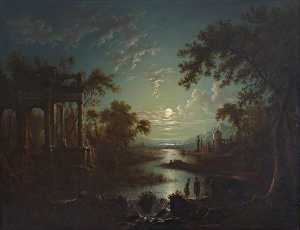 moonlit river Szene mit ein Capriccio ruinen