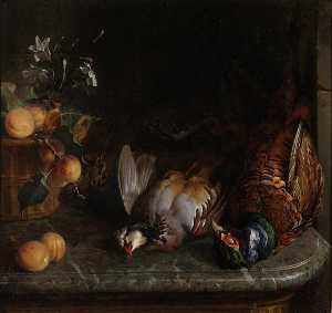 Gibier sur une table de marbre avec des fleurs et des fruits