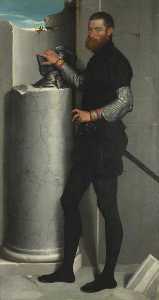 ritratto di un gentiluomo con la sua Casco su un Colonna Albero