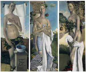 Cherries, Forbidden Fruit and Pear in a Landscape (triptych)
