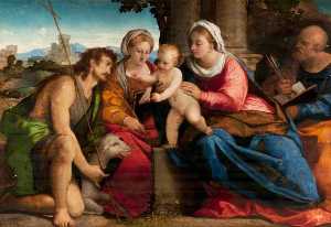 jungfrau und kind mit die heiligen johannes der täufer , Peter und ein weiblich saint