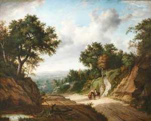 Landscape with Travellers on a Road through a Cutting, with a Church Tower in the Distance
